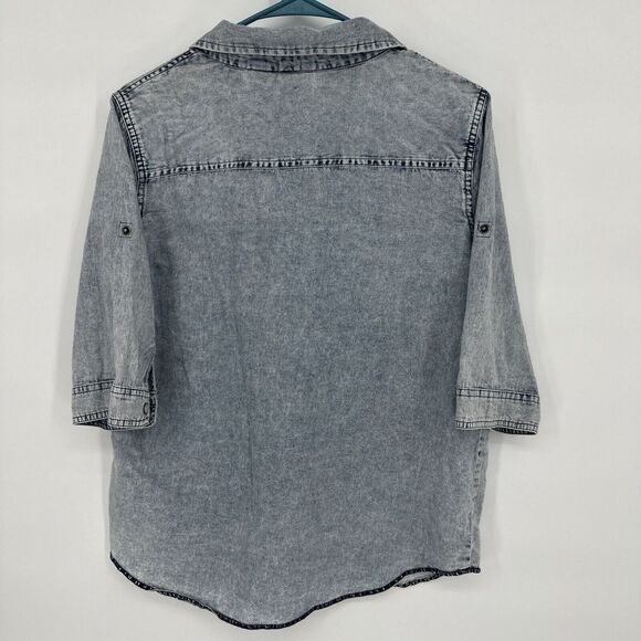 Harley-Davidson Blue Denim Pearl Snap Western Button Up Shirt Womens Wings Logo - Picture 6 of 8